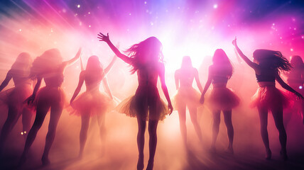 dancing girls in a nightclub, rays of multicolored light illumination, blurred abstract background view from the back at a concert or disco