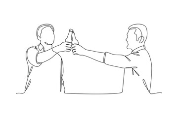 One continuous line drawing of Happy people clinking glasses and drinking at celebratory party. Friends concept. Doodle vector illustration in simple linear style.