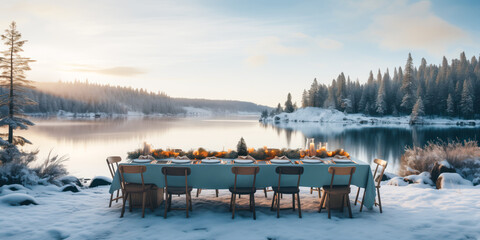 Winter outdoor dinner table setting on a lake, snow, cold, wide, winter holiday season, tablescape - obrazy, fototapety, plakaty