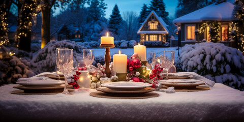 Christmas outdoor dinner table setting in the snow with lights, candles and ornaments at night, wide, winter holiday season, tablescape