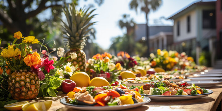 Tropical outdoor dinner table setting with pineapples and fruits, wide, winter holiday season, tablescape