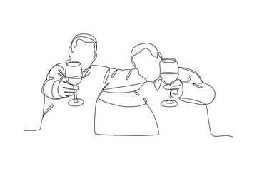 One continuous line drawing of Happy people clinking glasses and drinking at celebratory party. Friends concept. Doodle vector illustration in simple linear style.