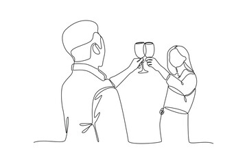 One continuous line drawing of Happy people clinking glasses and drinking at celebratory party. Friends concept. Doodle vector illustration in simple linear style.