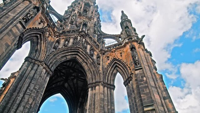 The Scott Monument in Edinburgh, historical medieval architecture in Scotland. Spirelike Victorian memorial in honour of the writer Sir Walter Scott, with 287 steps to the top.