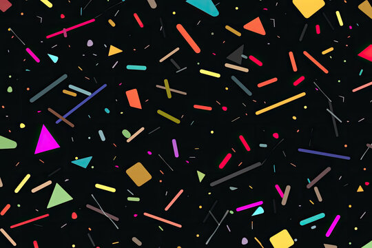 Colorful Arcade carpet pattern, abstract dots and shapes on black background