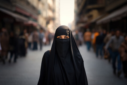 Middle Eastern woman wearing niqab on city street