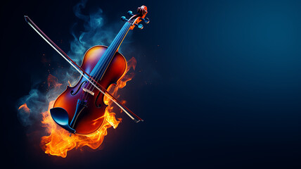 Fototapeta premium musical background, burning violin on a dark background, hot classical music concept, album cover melody and rhythm modern graphics
