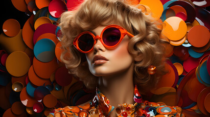 Fashion retro futuristic girl on background with circle pop art background. Woman in sunglasses in surrealistic 60s-70s disco club culture life style
