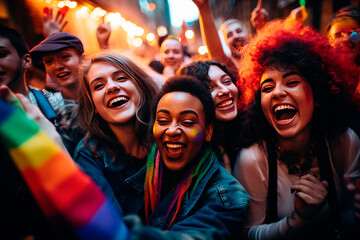 LGBT community celebrating gay pride day festival. Group of diverse joyful cheerful people having fun together. Generation z and social event, pride. Generative AI content - obrazy, fototapety, plakaty