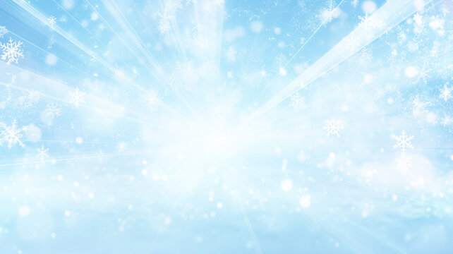 winter holiday background with snowflakes, abstract blue blurred in motion, light rays of light on blue, christmas form
