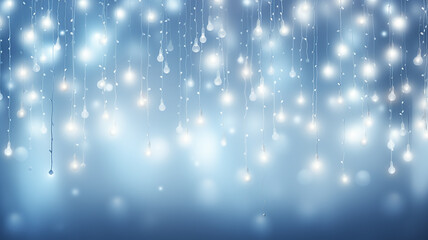 glowing white lights on a blurry blue background, abstract festively decorated background, Christmas cold background light decoration design.