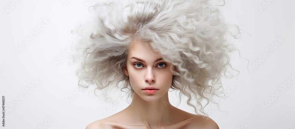 Wall mural a peculiar hairstyle adorns the young woman s portrait against a plain white backdrop