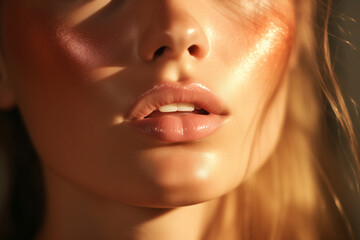 lips, sun on the face, rose gold blush for the cheekbones. Soft, diffuse lighting, projecting a warm glow