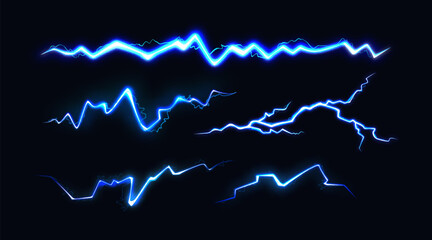 Set of Electric Blue Thunderbolt Illustration. Vector Neon Flash of Lightning. Spark Bolt on Dark Background - obrazy, fototapety, plakaty