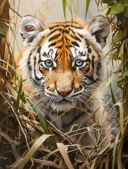 An Oil Portrait Of A Tiger Cub Peering Through The Jungle