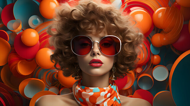 Fashion retro futuristic girl on background with circle pop art background. Woman in sunglasses in surrealistic 60s-70s disco club culture life style
