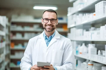 Gordijnen Portrait of pharmacist in a drugstore,Male pharmacists work in a pharmacy or pharmacy. A pharmacist uses a computer at a pharmacy. © kiatipol