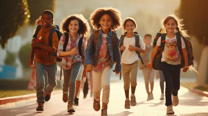 Portrait of cheerful smiling diverse schoolchildren standing posing in classroom,Happy kids at...