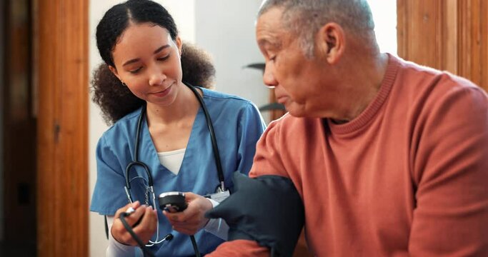 Woman, nurse and blood pressure machine in elderly care for heart beat, monitoring or healthcare at home. Female person, doctor or medical caregiver checking senior patient bpm or results at house