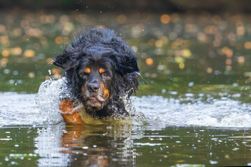 black and gold Hovie dog Running in water