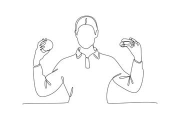 Continuous one line drawing Healthy vs unhealthy food. food nutrition concept. Doodle vector illustration.