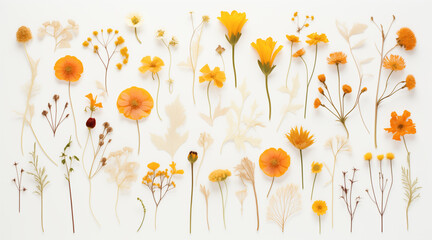 beautiful assorted pressed orange and yellow flowers, on a plain white background