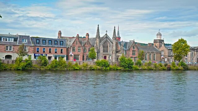 View of the River Ness and Old Town featuring Inverness Cathedral. Beautiful old architecture of the buildings in Inverness, Scotland.