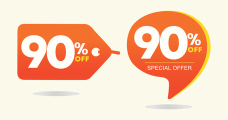 90% off. Tag campaign sales. Promotion, ads. Retail, store. Sticker discount price, offer, promo. Vector, illustration, icon
