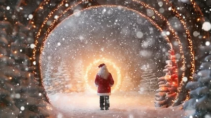 Fotobehang Santa Claus in a decorated festive arch in the forest, greeting card for Christmas © kichigin19