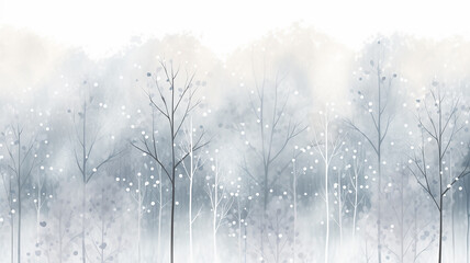 white watercolor snowfall in the forest, winter abstract background illustration with copy space, greeting card form - obrazy, fototapety, plakaty