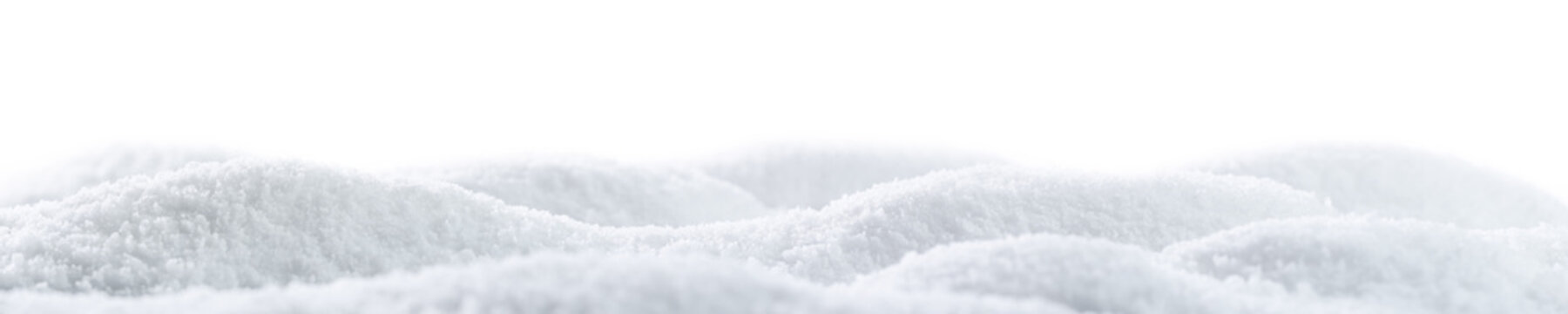 Banner of sparkling fluffy white snow hills. Wintertime snow border.