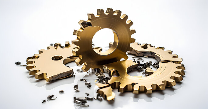 An artistic arrangement of broken metal gears and cogs.