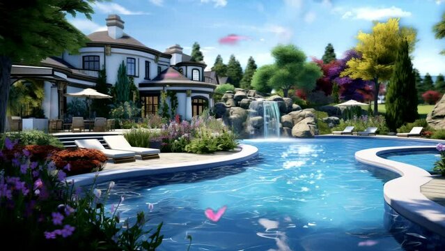 swimming pool in the summer, seamless looping video background animation, cartoon anime style