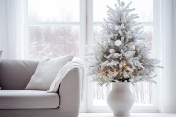 Natural spruce branches with garland in vase in front of large window near beige sofa close up. Сhristmas and new year's eco home decor