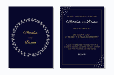 Wedding invitation layout template in winter theme. Wreath of snowflakes dark background. Design of an invitation card. Vector illustration.