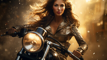 Sexy brunette woman in leather jacket riding a motorcycle in the rain generativa IA