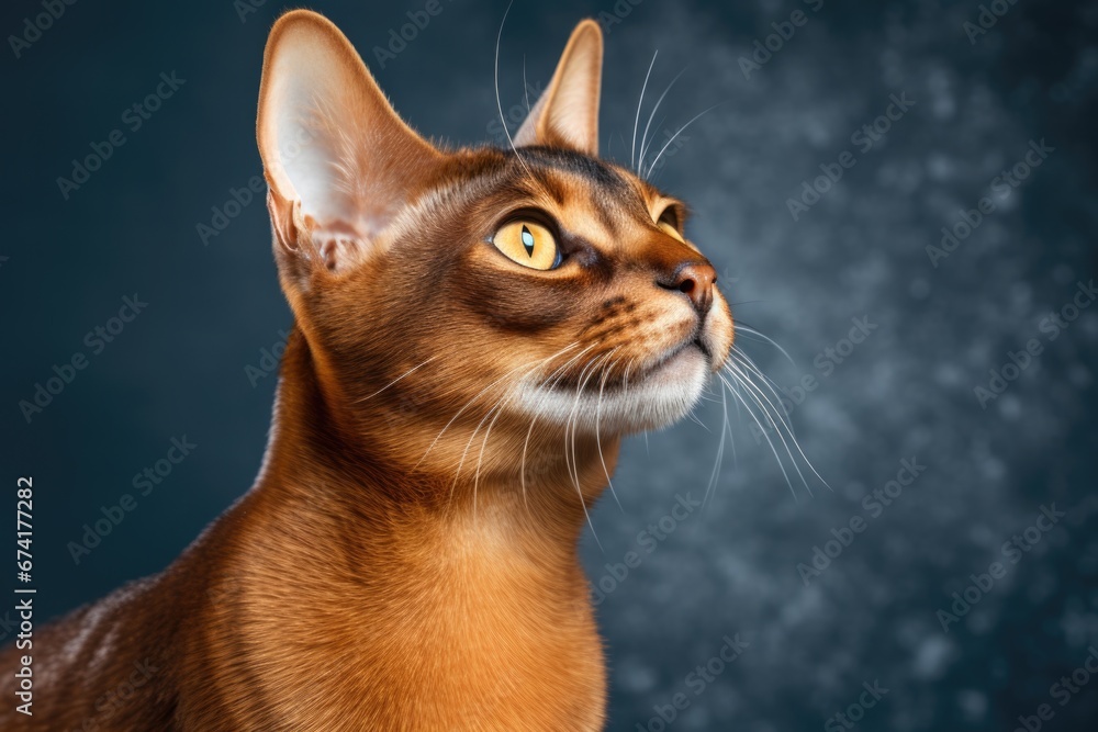 Poster a close up of a cat with a dark background. abyssinian cat on dark background.
