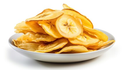 Banana chips in a plate on a white background - obrazy, fototapety, plakaty