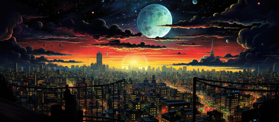 Stylized colorful cityscape skyline at night comic book illustration style,