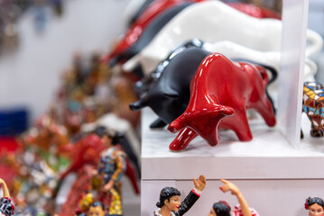 Valencia, Market, Spain, 2022, Multicolored mosaic figurine of bull in Gaudi style. Spanish...