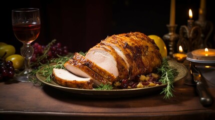 Sliced roast turkey breast on dinner table, fall food, Thanksgiving cooking photography ::10 , 8k, 8k render