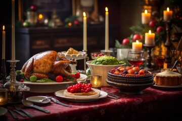 A set table with a vintage Christmas feast, complete with a roast turkey, plum pudding, and other classic dishes.
