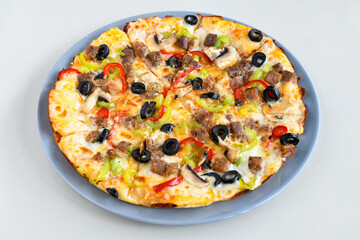Delicious mixed pizza with rich content. Menu concept of choice and diversity. Pepperoni, Formaggi, Veggie, Karisik pizza