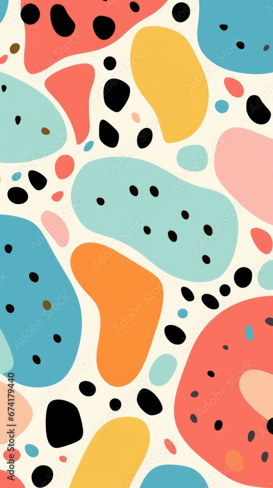 Poster a pattern of colorful shapes on a white background. abstract pattern with dots and organic shapes.