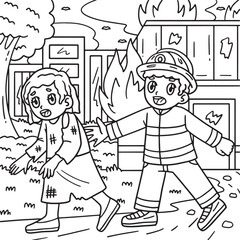 Firefighter Escorting Survivor Coloring Page