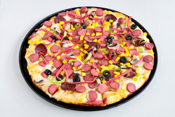 Delicious mixed pizza with rich content. Menu concept of choice and diversity. Pepperoni, Formaggi, Veggie, Karisik pizza