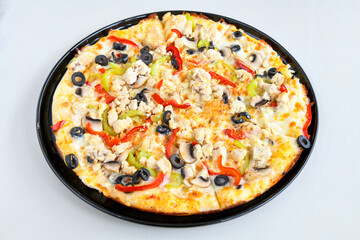 Delicious mixed pizza with rich content. Menu concept of choice and diversity. Pepperoni, Formaggi, Veggie, Karisik pizza