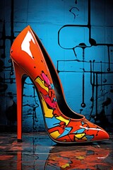 A pair of orange high heel shoes with colorful designs on them. Pop art style.