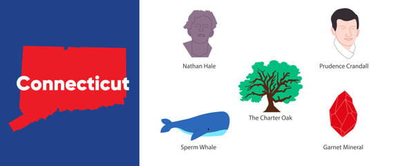 Connecticut states with symbol icon of Nathan hale sperm whale the charter oak and garnet illustration