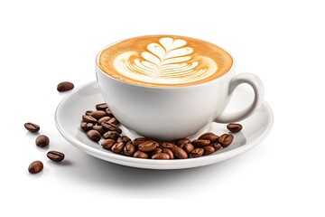 Isolated white background with coffee latte and beans